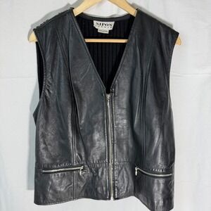 Nipon Studio Womens Black Genuine Leather‎ Ribbed Knit Back Zip Up Vest XL